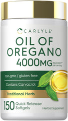 Envase frontal Carlyle Aceite de Orégano, presentación de 150 cápsulas y garantía de pureza