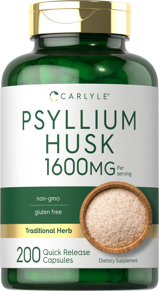 Carlyle Psyllium Husk Capsules 1600mg packaging highlights high-potency fiber.