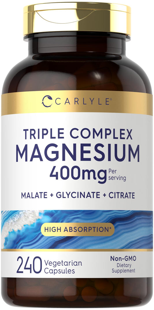 Carlyle Triple Magnesium Complex bottle shows 400 mg per serving for daily mineral support.