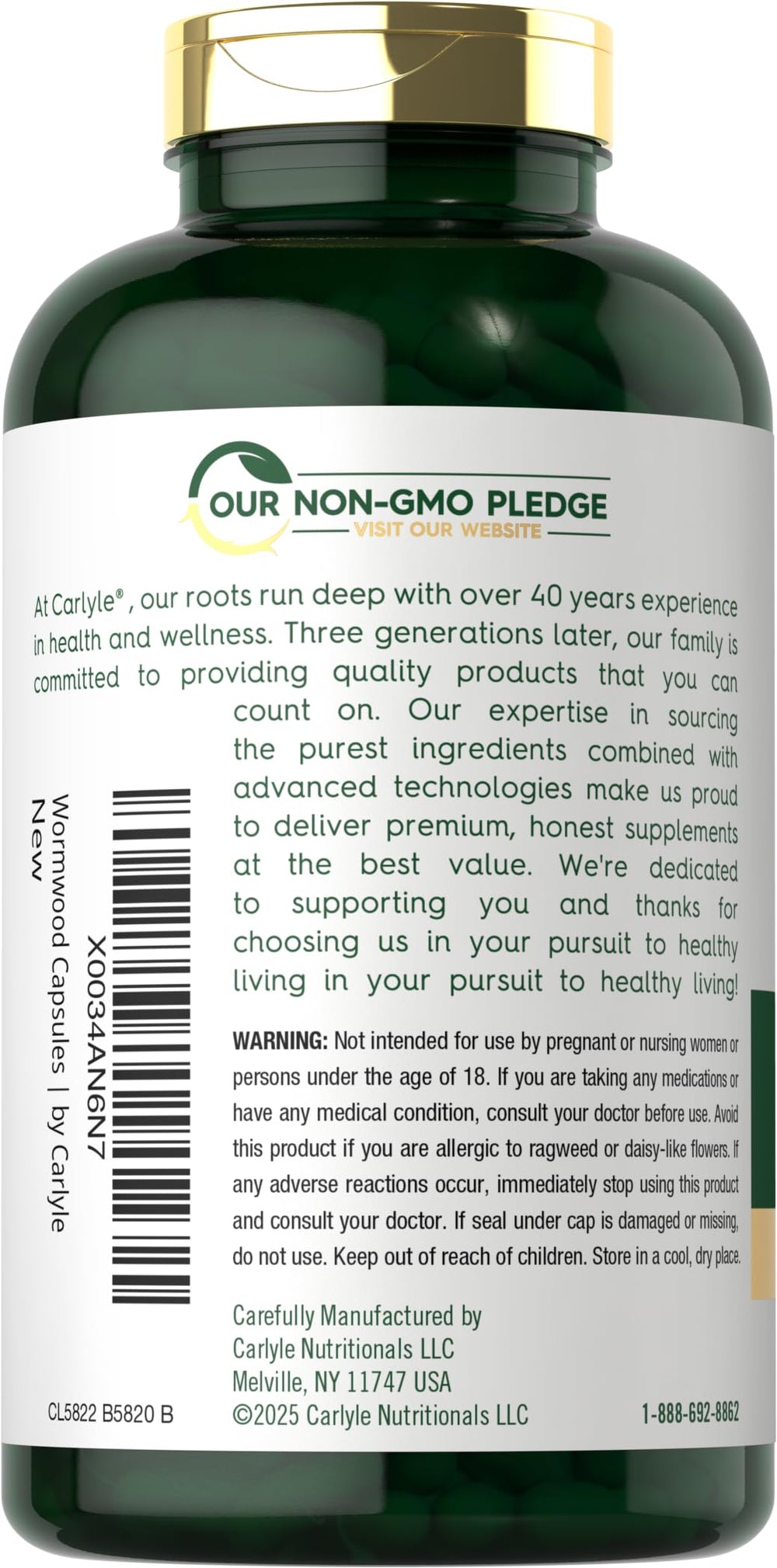 Carlyle etiqueta con lista de ingredientes y sellos de no-OGM y sin gluten