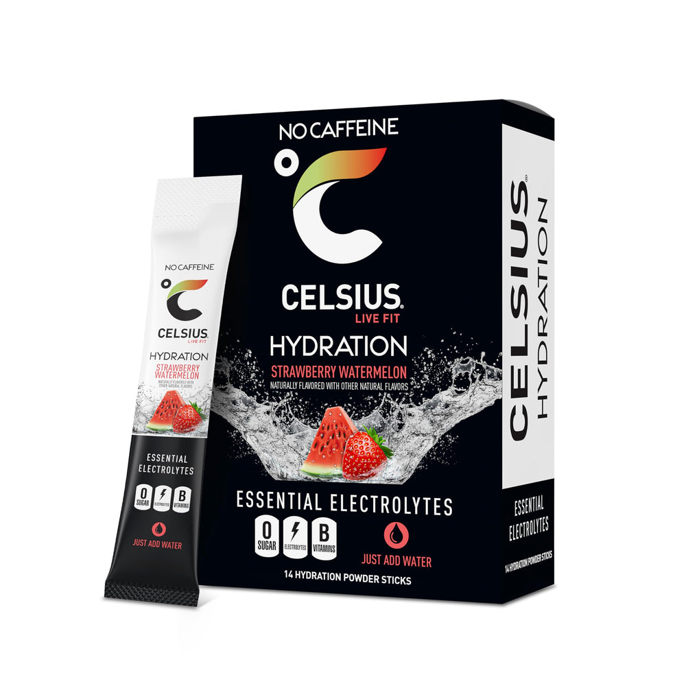 CELSIUS empaque frontal mostrando sabor Strawberry Watermelon y beneficios