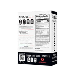 CELSIUS sobre abierto con polvo rosa mostrando textura y disolución fácil