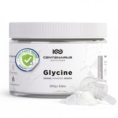 Centenarius Nutrition envase frontal de glicina 250g mostrando diseño y pureza