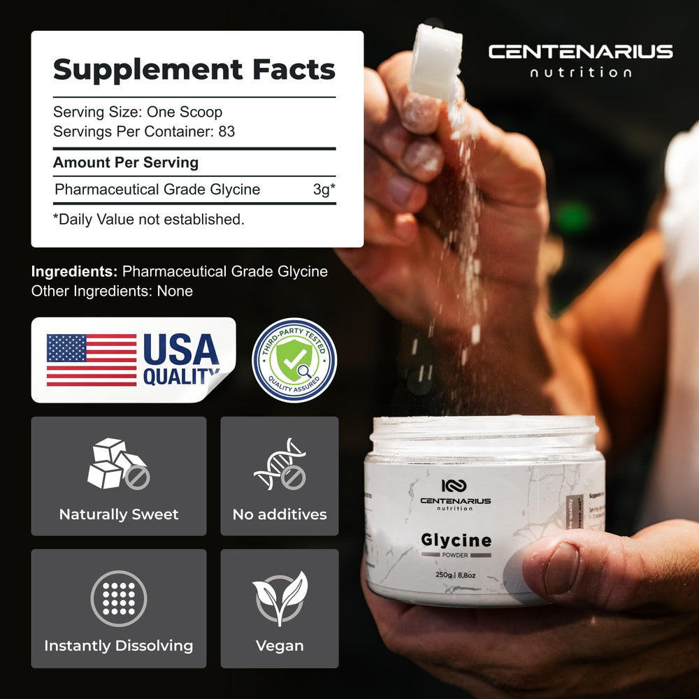 Centenarius Nutrition polvo de glicina en cucharada mostrando textura fina y disolución
