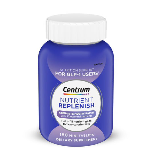 Centrum frasco frontal mostrando etiqueta y beneficio de cubrir deficiencias nutricionales