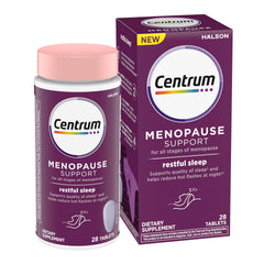 Centrum frasco frente del empaque mostrando 28 tabletas y beneficio descanso