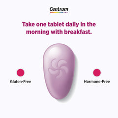 Centrum en estilo de vida junto a desayuno saludable sugiriendo soporte diario