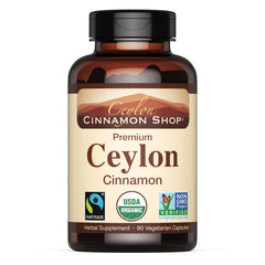 Ceylon Cinnamon Shop envase frontal mostrando 90 cápsulas y sello orgánico