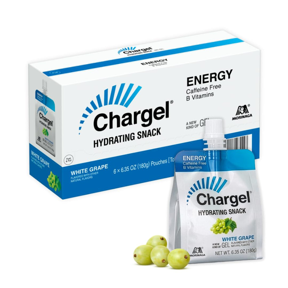 Chargel empaque frontal mostrando pack de 6 uvas y beneficio energía rápida