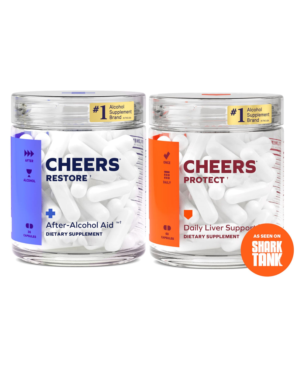 Cheers frasco frontal del combo Restore y Protect mostrando etiquetado claro y beneficios