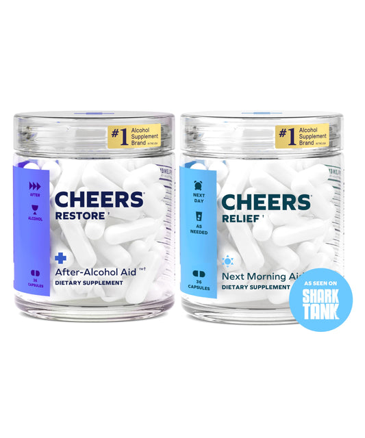 Cheers pack frontal Restore y Relief mostrando envases y dosis, confianza eficaz