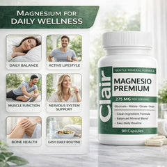 Clair Magnesio cápsulas en mano para comparar tamaño y dosis