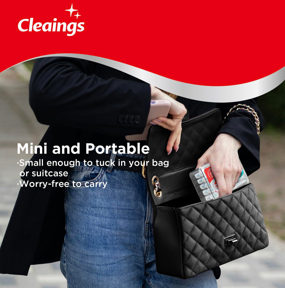 cleaings tamaño comparado con bolso portátil y práctico