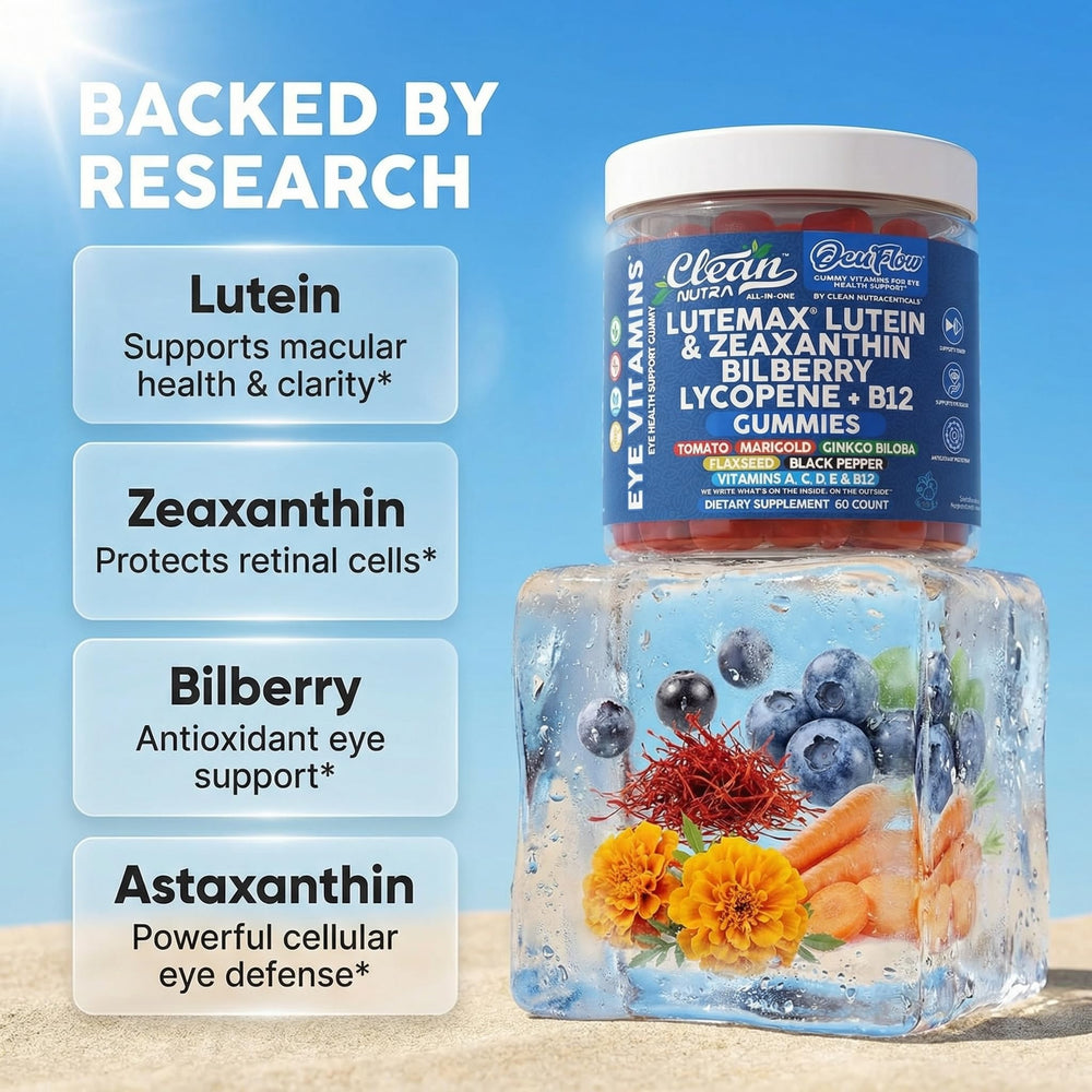 Detalle de ingredientes luteína y bilberry en etiqueta Clean Nutraceuticals para nutrición ocular