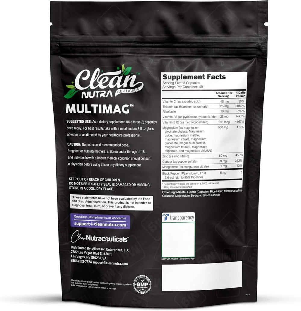 Clean Nutraceuticals bolsa abierta con 120 cápsulas resaltando almacenamiento seguro