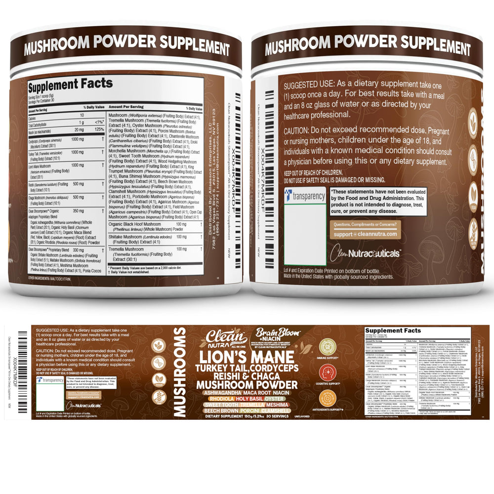 Composición de hongos y hierbas junto a Clean Nutraceuticals mostrando ingredientes clave