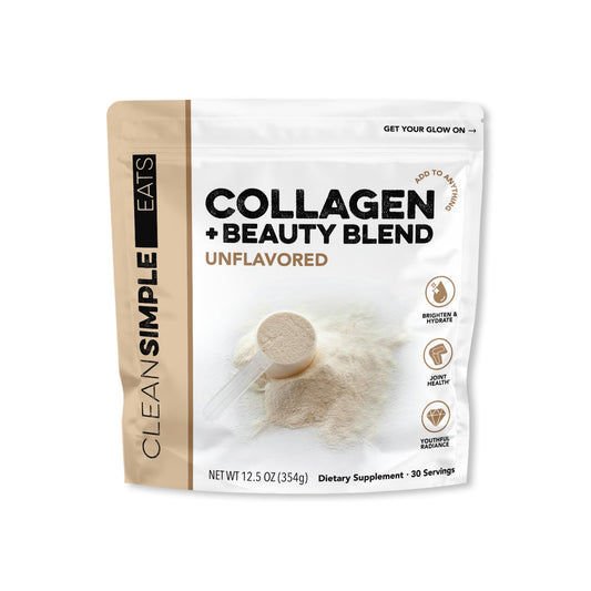 Clean Simple Eats bolsa frontal mostrando diseño y 30 porciones beneficios cosméticos