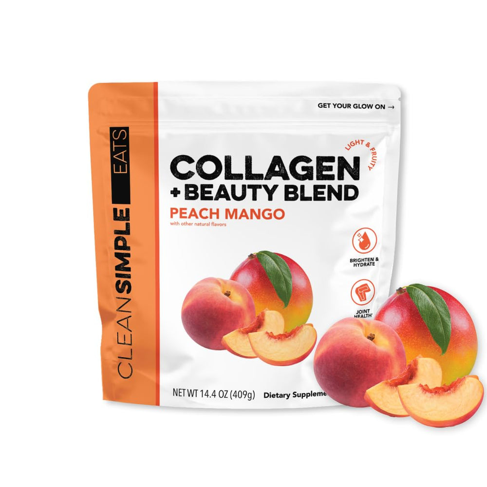 Clean Simple Eats envase frontal con sabor Peach Mango mostrando etiqueta clara y beneficios