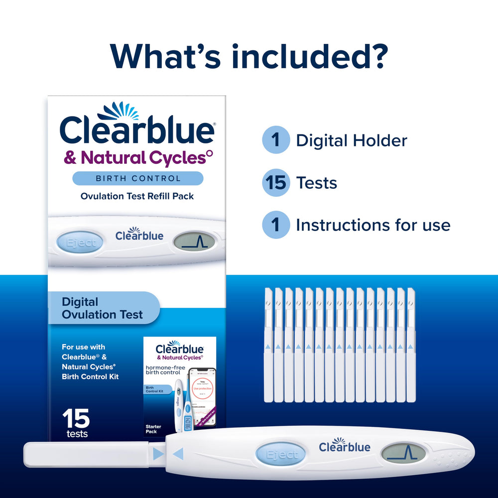 Comparación de tamaño Clearblue con monedas, muestra portabilidad