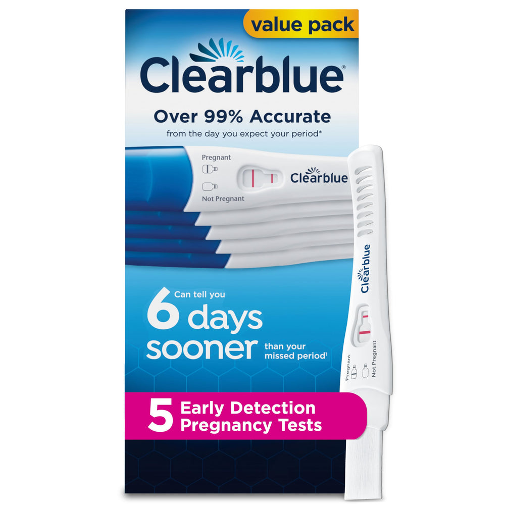 Clearblue frente del empaque mostrando las cinco pruebas y beneficio de detección temprana