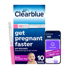Clearblue empaque frontal mostrando 10 test y beneficio de identificar días fértiles
