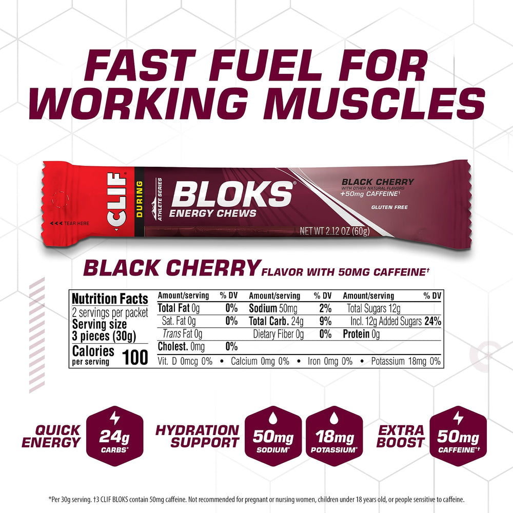 Clif Bloks etiqueta nutricional mostrando carbohidratos y cafeína