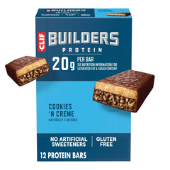 CLIF BUILDERS paquete frontal que muestra sabor Cookies 'n Cream y beneficio de proteína