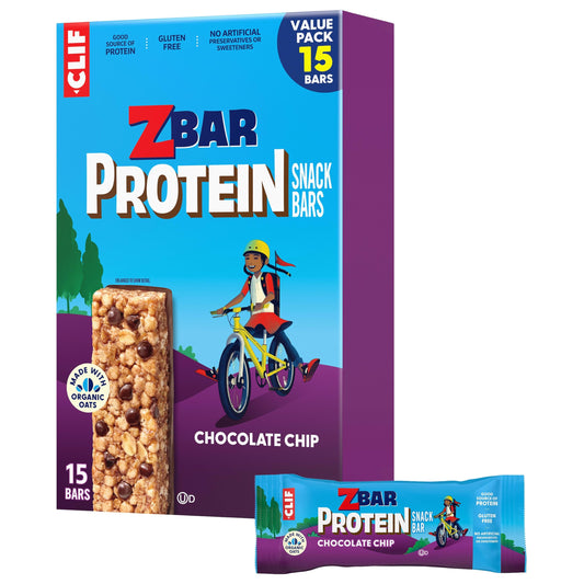 Clif Kid Zbar Protein Chocolate Chip bars pack shown for lunchbox-friendly snack