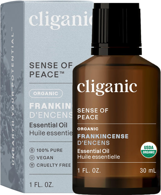 Cliganic aceite esencial de incienso en botella 1oz para aromaterapia suave.