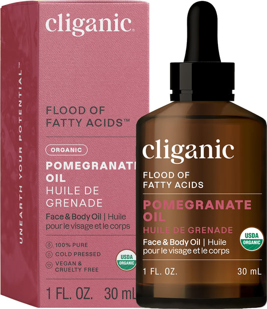 Cliganic Aceite de Granada Orgánico: botella 1 onza para hidratación facial de rápida absorción
