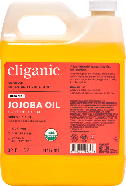 Cliganic aceite de jojoba orgánico 32oz en granel para cabello saludable.