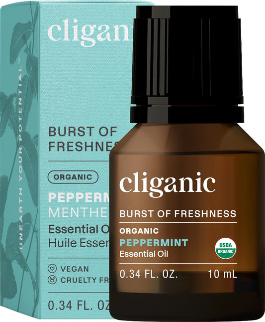 Cliganic Aceite de Menta Orgánico en frasco, ideal para aromaterapia diaria.