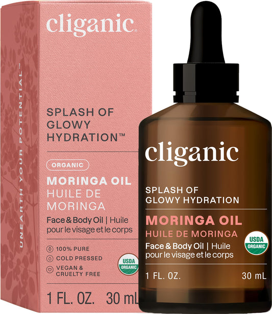 Aceite de Moringa orgánico de Cliganic en botella, para hidratación ligera de piel y cabello.