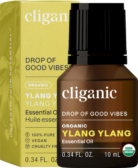 Cliganic Aceite Orgánico de Ylang Ylang, frasco compacto con aroma puro para aromaterapia.