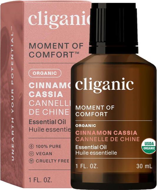 Aceite esencial de canela cassia de Cliganic en botella de 30 ml para aromaterapia.