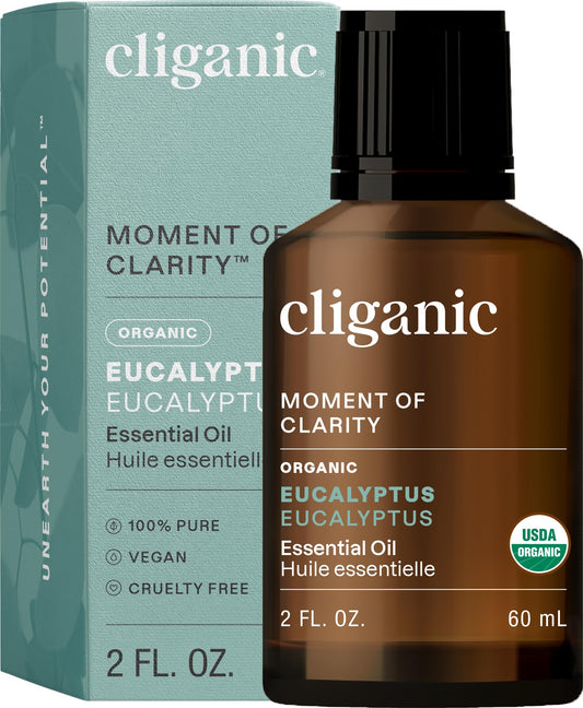 Cliganic Aceite Esencial de Eucalipto Orgánico, botella frontal, aroma fresco para difusor.