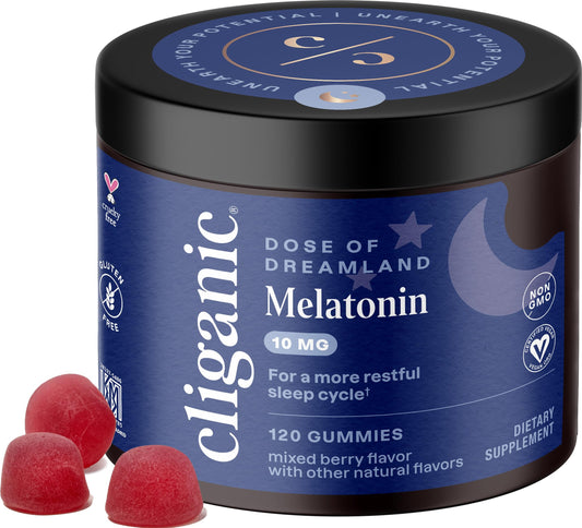 Cliganic Melatonin Gummies en botella para un descanso nocturno más reparador.