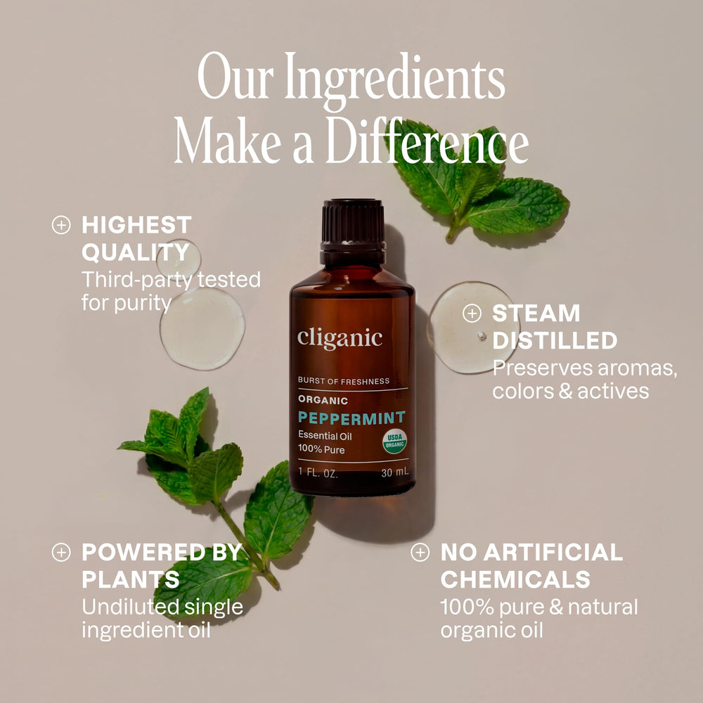 Cliganic aceite de menta gota en cuchara ilustra pureza y textura