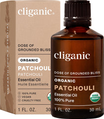 Botella Cliganic pachulí frontal mostrando envase y sello orgánico