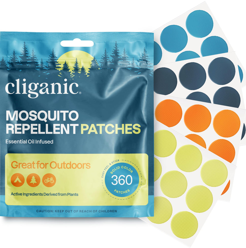 Parche Cliganic antimosquitos 360, coloridos, protección ligera para actividades al aire libre.