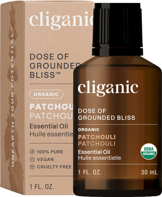 Cliganic Patchouli: botella de aceite esencial, aroma relajante para difusor y meditación.