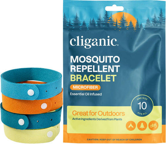 Cliganic empaque frontal mostrando paquete de diez pulseras, brinda conveniencia