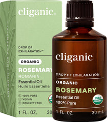 Cliganic aceite esencial romero frontal mostrando el frasco y beneficio de pureza