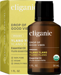 Cliganic Ylang Ylang, botella de aceite puro, ideal para aromaterapia y relajación.