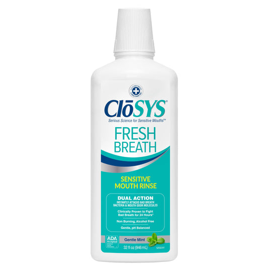 CloSYS envase frontal 32 oz mostrando el diseño y beneficio antimal aliento