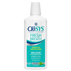 CloSYS envase frontal 32 oz mostrando el diseño y beneficio antimal aliento