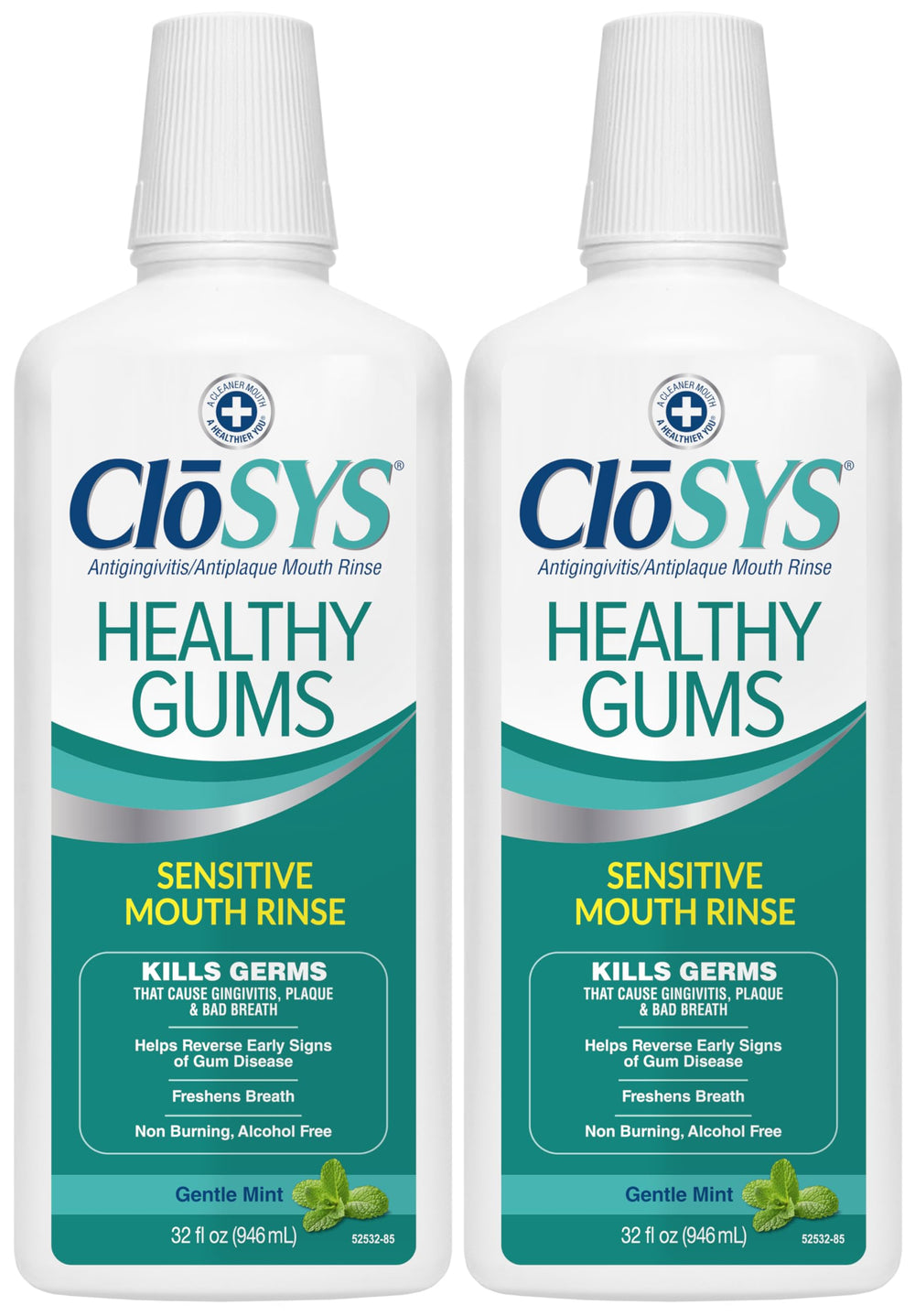 CloSYS pack frontal de dos botellas 32 oz mostrando etiqueta clara y beneficios