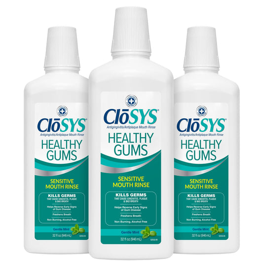 CloSYS imagen frontal del pack de 3 frascos que muestra la presentación y beneficio de cuidado gingival