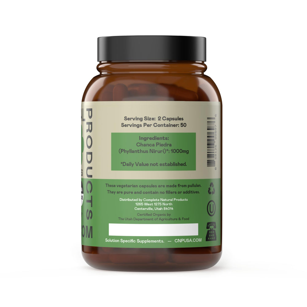 Complete Natural Products cápsula abierta con polvo de chanca piedra, evidencia de contenido