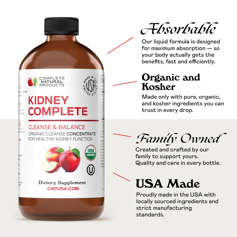 Etiqueta de CNP Kidney Complete con sellos orgánico y non-GMO, garantía de calidad
